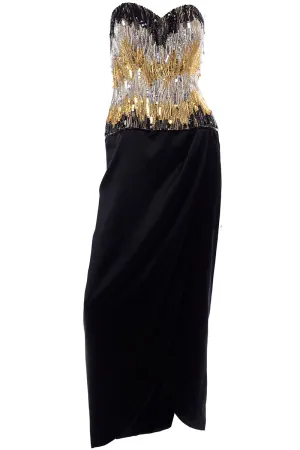 1980s Ann Lawrence Beaded Black Vintage Evening Dress W Crystal Drops