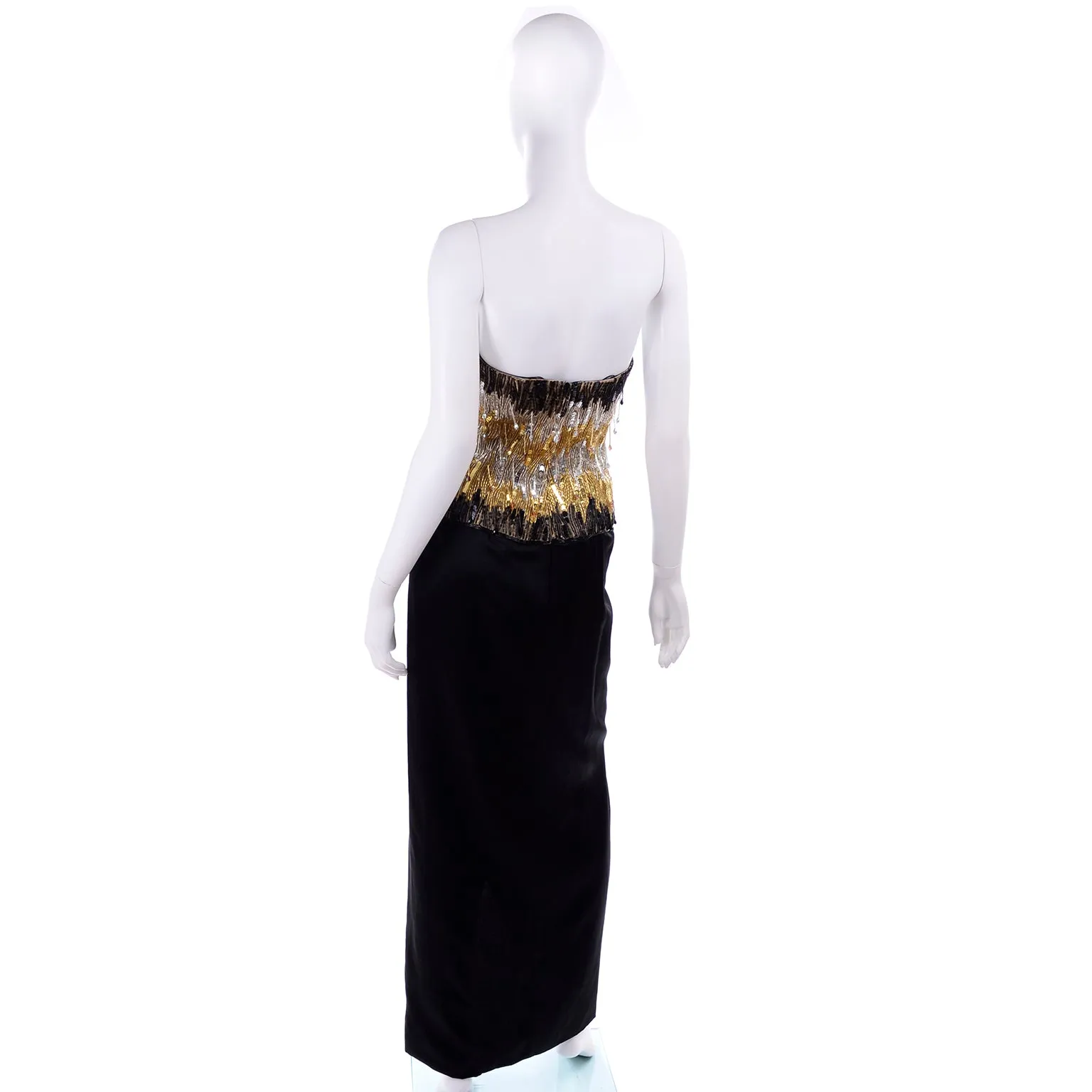 1980s Ann Lawrence Beaded Black Vintage Evening Dress W Crystal Drops