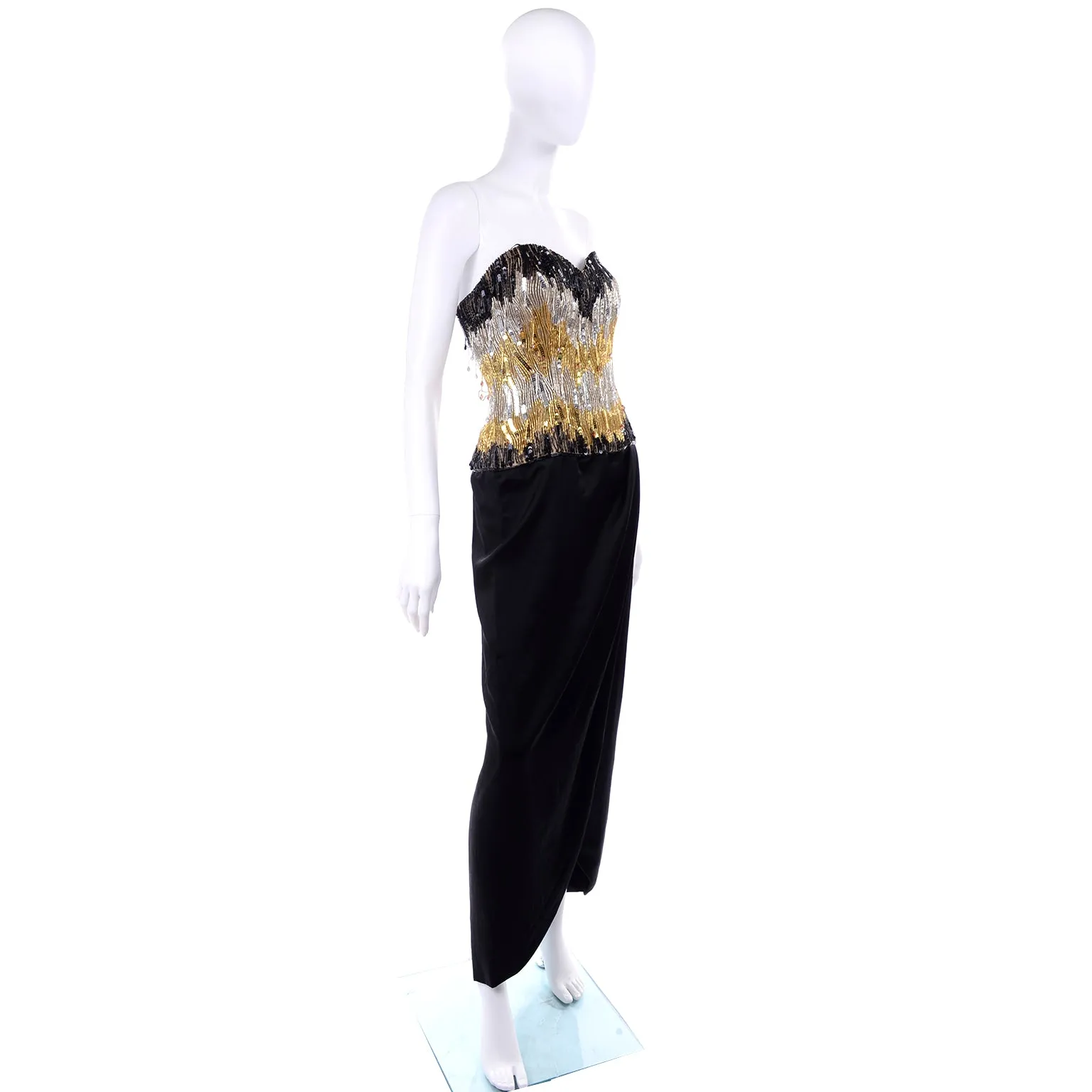 1980s Ann Lawrence Beaded Black Vintage Evening Dress W Crystal Drops