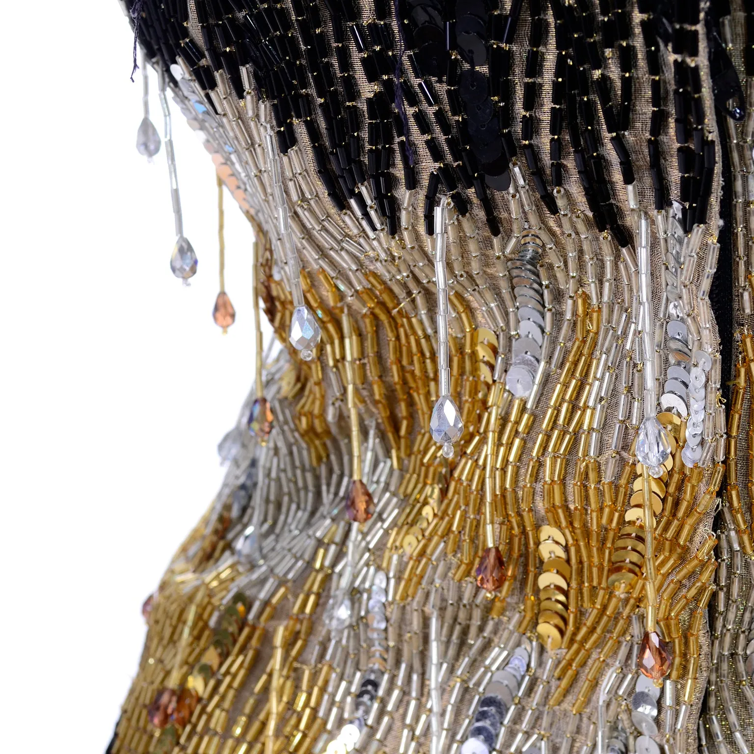 1980s Ann Lawrence Beaded Black Vintage Evening Dress W Crystal Drops