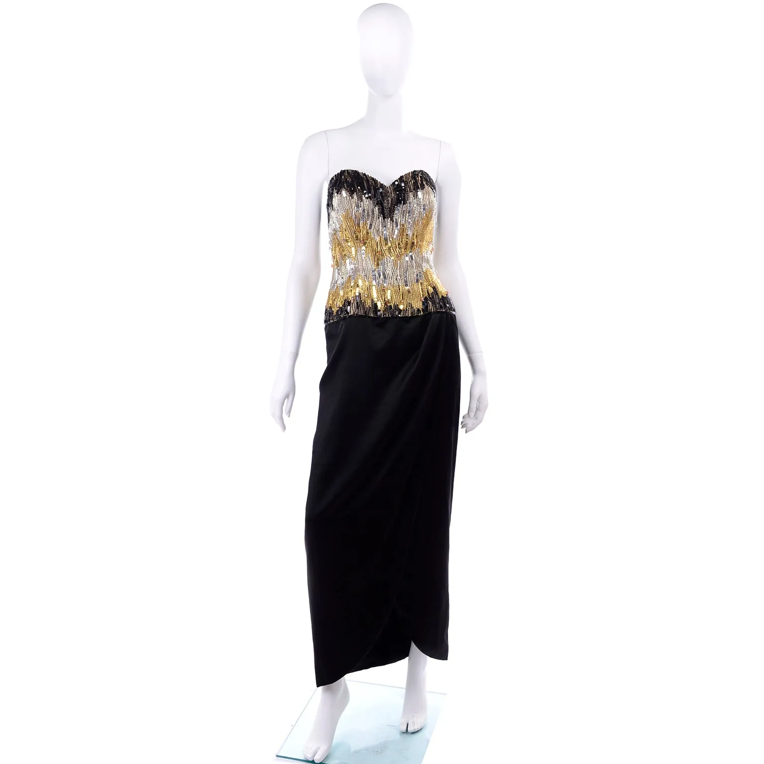 1980s Ann Lawrence Beaded Black Vintage Evening Dress W Crystal Drops