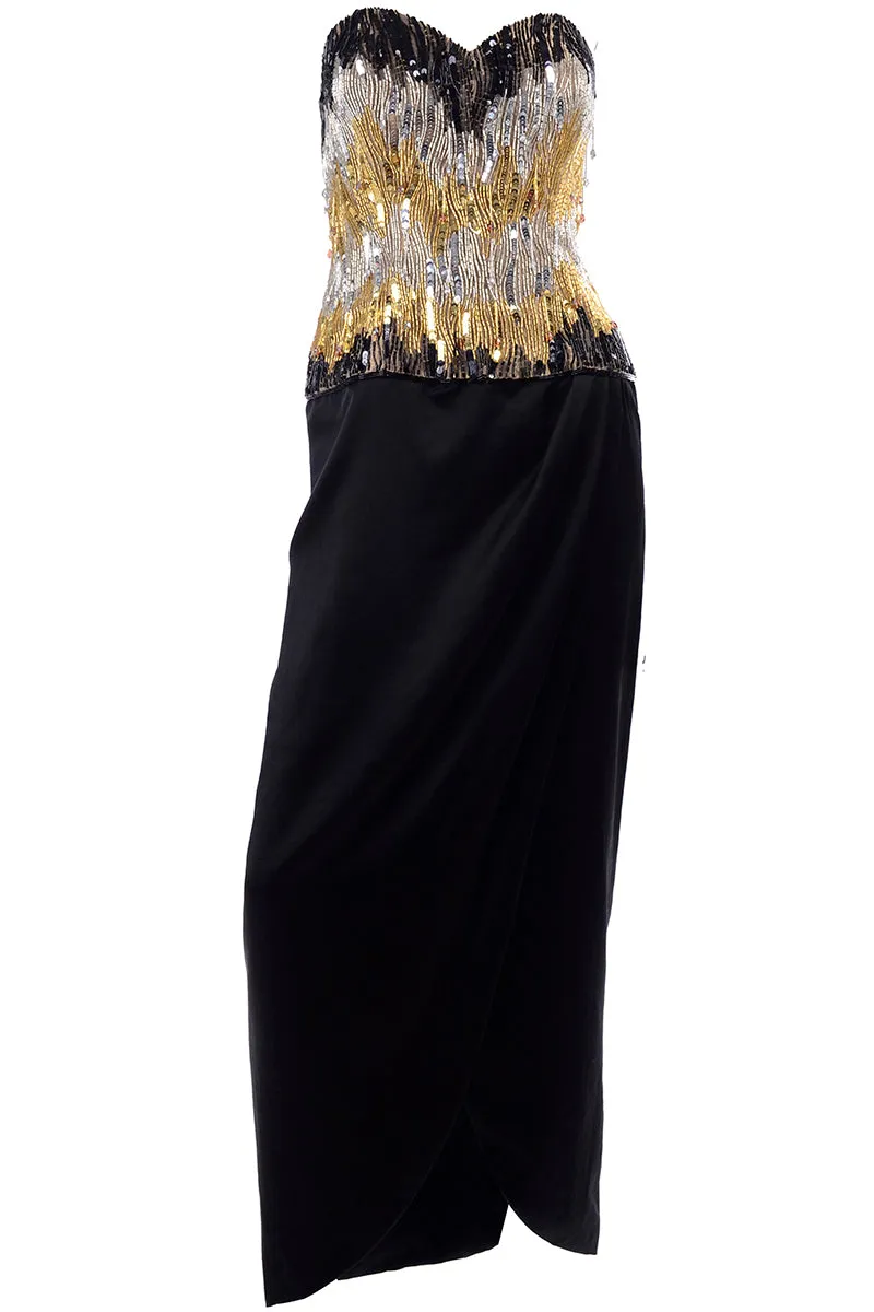 1980s Ann Lawrence Beaded Black Vintage Evening Dress W Crystal Drops