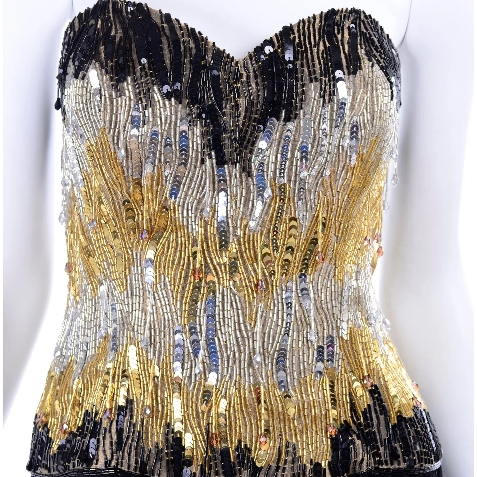 1980s Ann Lawrence Beaded Black Vintage Evening Dress W Crystal Drops
