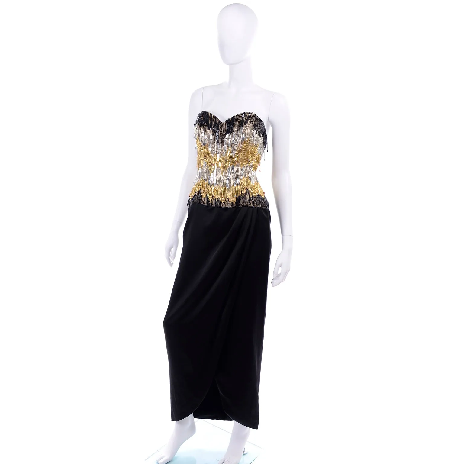 1980s Ann Lawrence Beaded Black Vintage Evening Dress W Crystal Drops