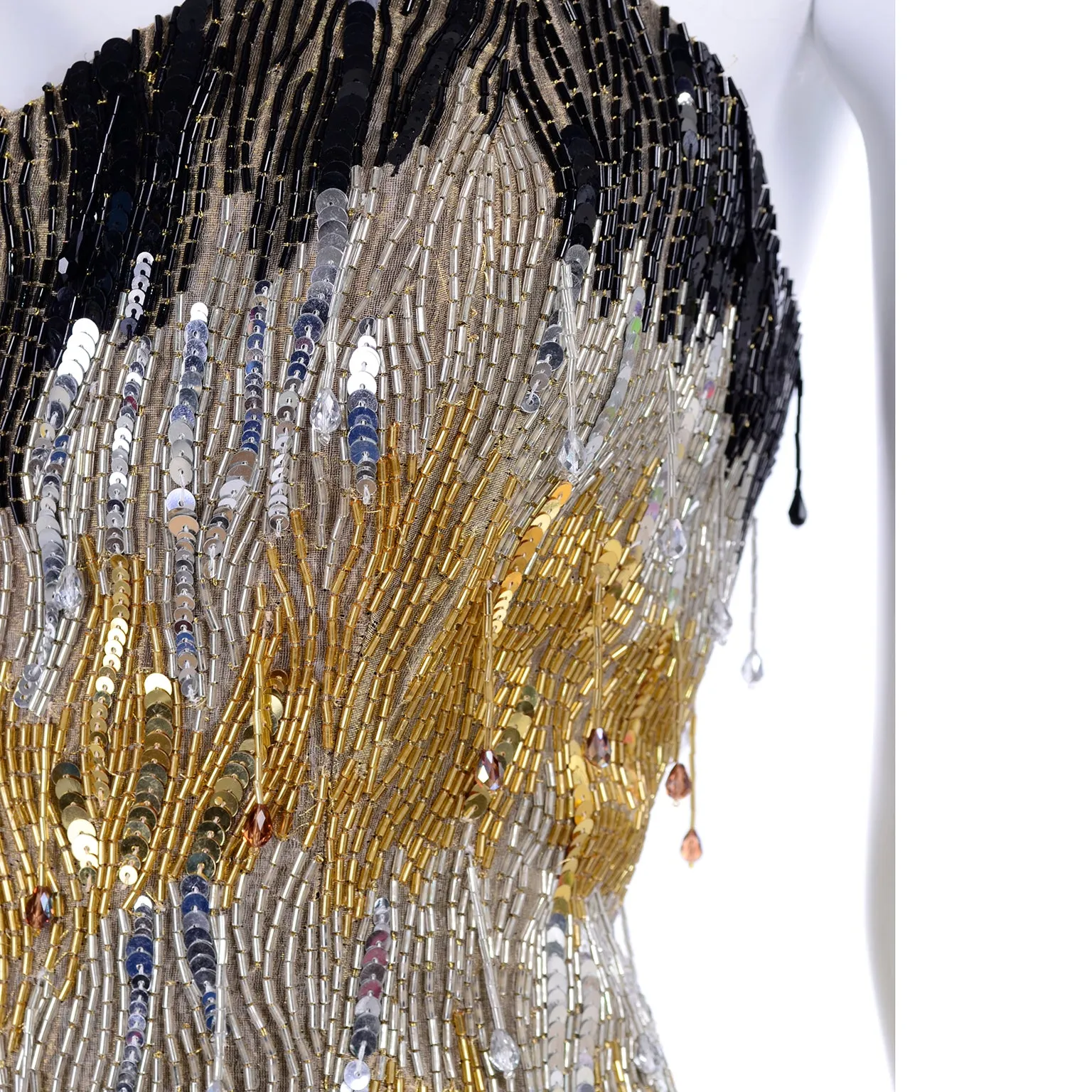1980s Ann Lawrence Beaded Black Vintage Evening Dress W Crystal Drops