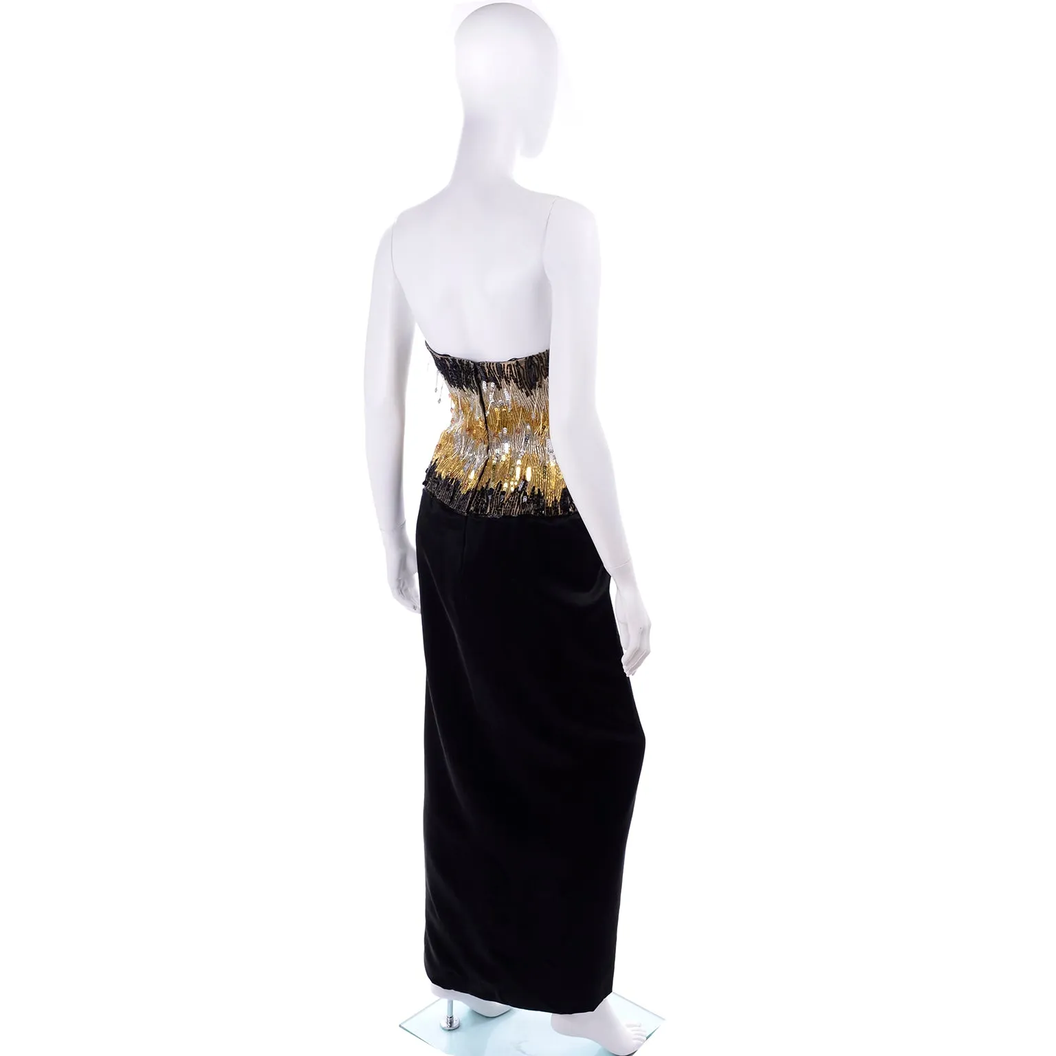 1980s Ann Lawrence Beaded Black Vintage Evening Dress W Crystal Drops