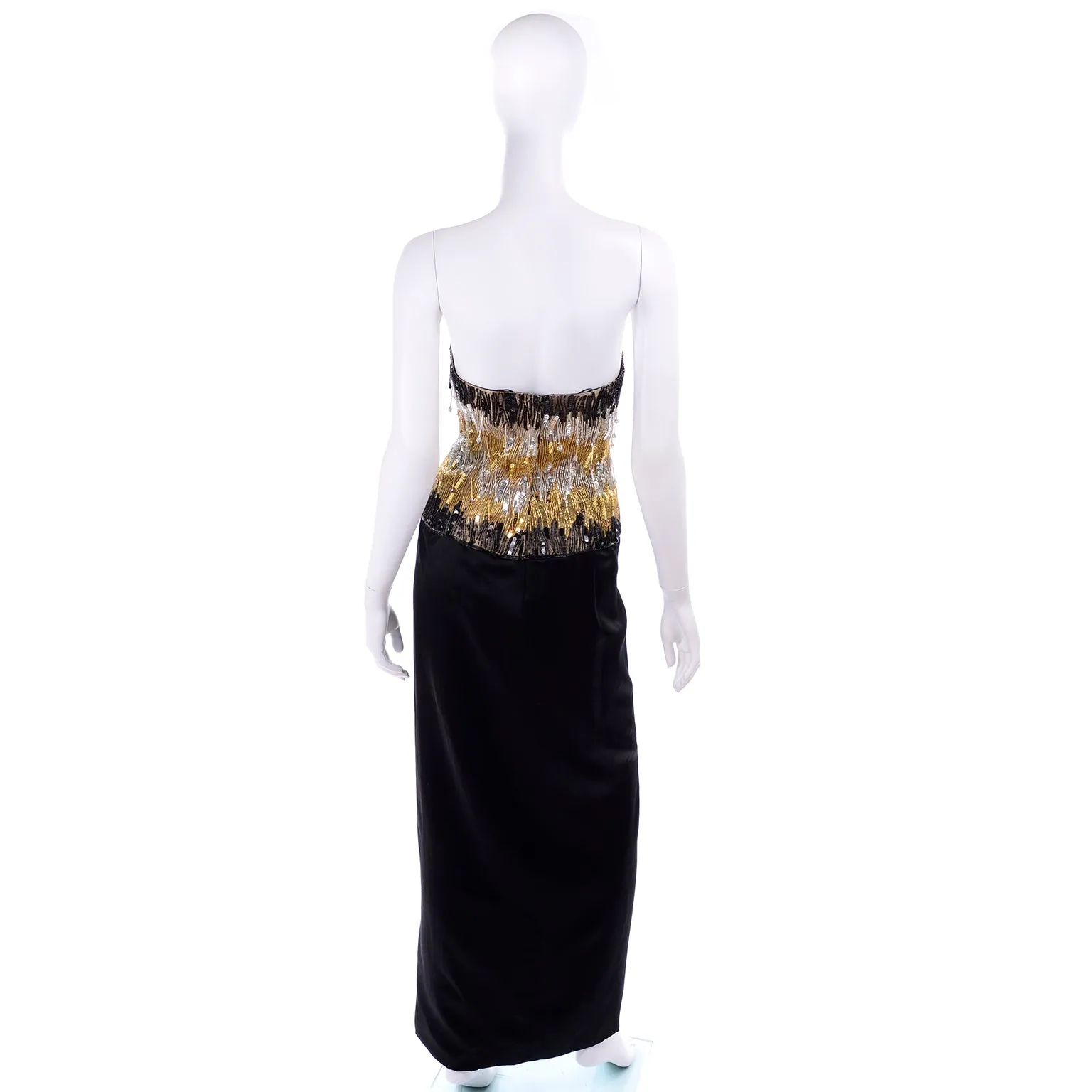 1980s Ann Lawrence Beaded Black Vintage Evening Dress W Crystal Drops