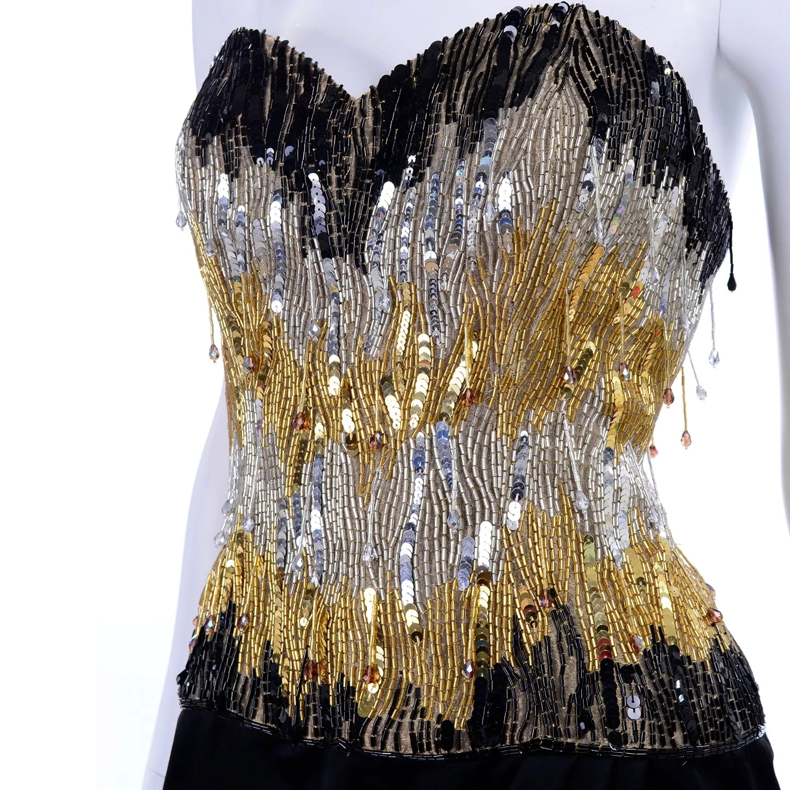 1980s Ann Lawrence Beaded Black Vintage Evening Dress W Crystal Drops