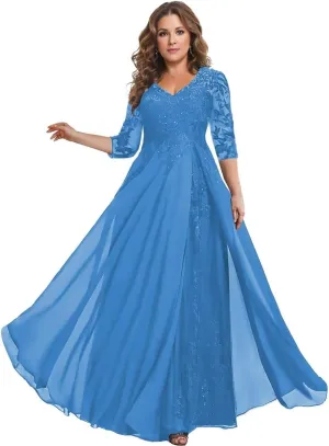 3/4 Sleeve Mother of The Bride Dresses for Women Long Chiffon Lace V Neck Sparkly Formal Wedding Guest Gown
