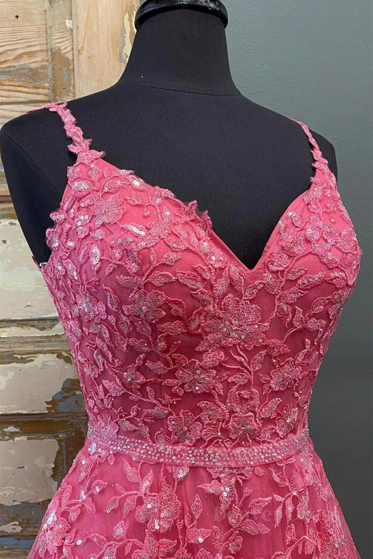 A Line V Neck Beaded Hot Pink Lace Long Prom Dress Hot Pink Lace Formal Graduation Evening Dress
