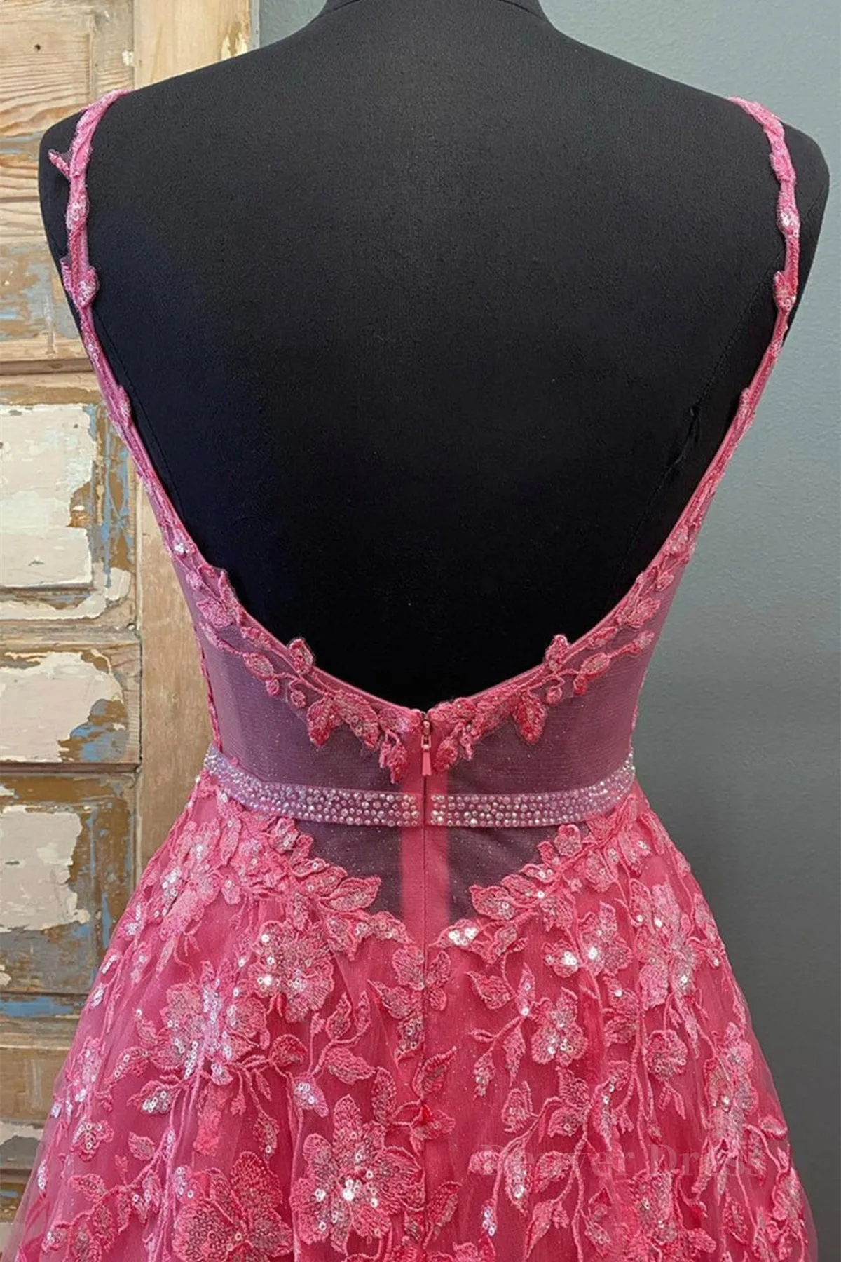 A Line V Neck Beaded Hot Pink Lace Long Prom Dress Hot Pink Lace Formal Graduation Evening Dress
