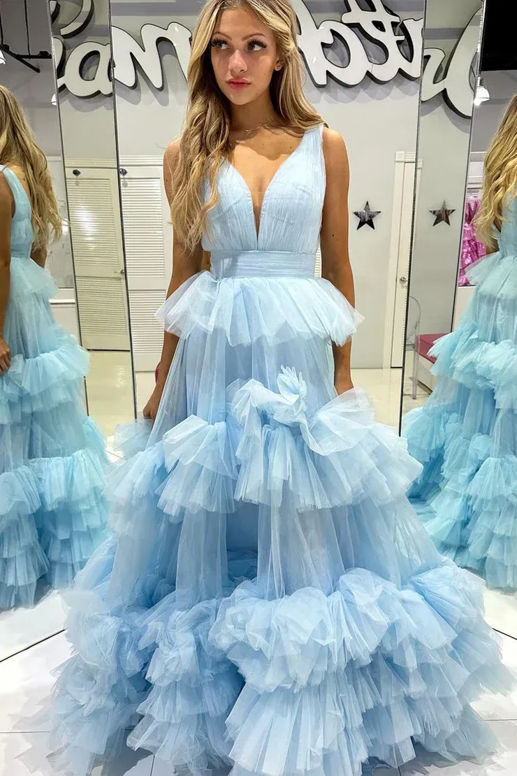 A-line V neck Light Sky Blue Tiered Tulle Long Prom Dress Evening Dress SEW1073
