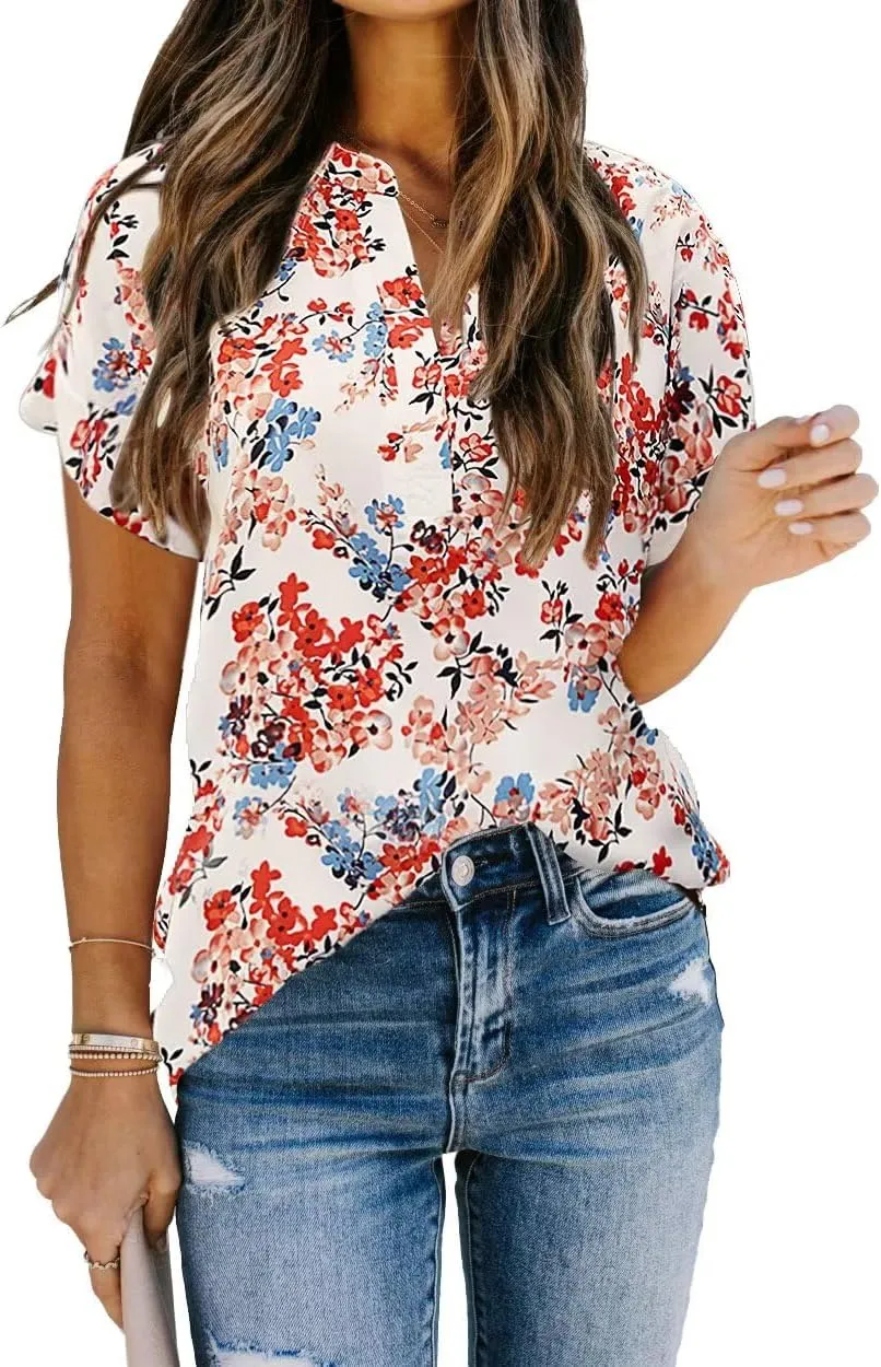 Allimy Women Summer Casual Split V Neckline Floral Chiffon Blouses Loose Tunic Short Sleeve Tops