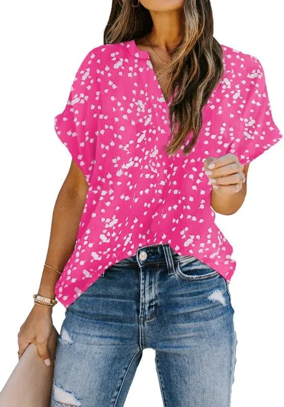 Allimy Women Summer Casual Split V Neckline Floral Chiffon Blouses Loose Tunic Short Sleeve Tops