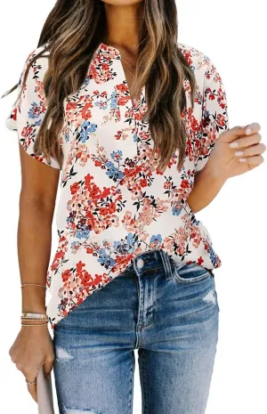 Allimy Women Summer Casual Split V Neckline Floral Chiffon Blouses Loose Tunic Short Sleeve Tops