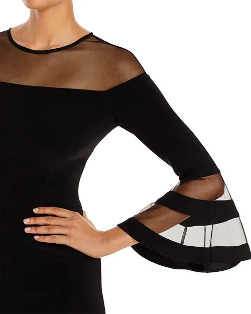 AQUA Illusion Dress with Bell Sleeves, Black