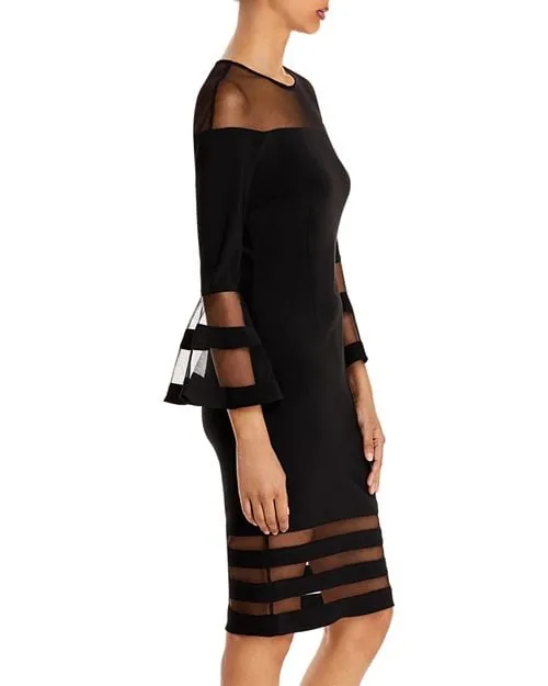 AQUA Illusion Dress with Bell Sleeves, Black