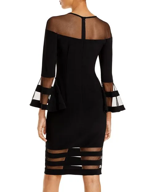 AQUA Illusion Dress with Bell Sleeves, Black