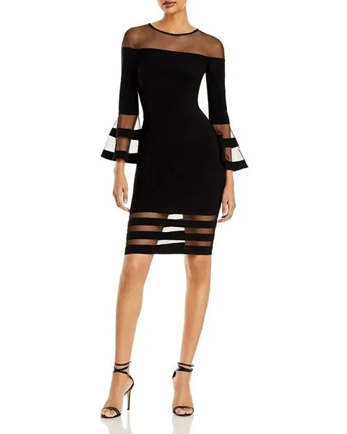 AQUA Illusion Dress with Bell Sleeves, Black