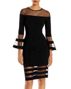 AQUA Illusion Dress with Bell Sleeves, Black