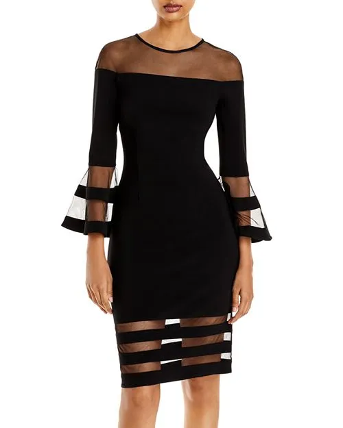 AQUA Illusion Dress with Bell Sleeves, Black