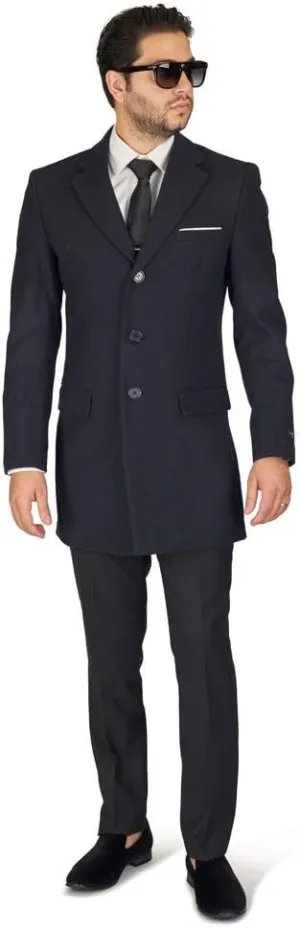 AZAR MAN Slim Fit Modern Wool Overcoat 3 Button Notch Lapel Top Trench Coat