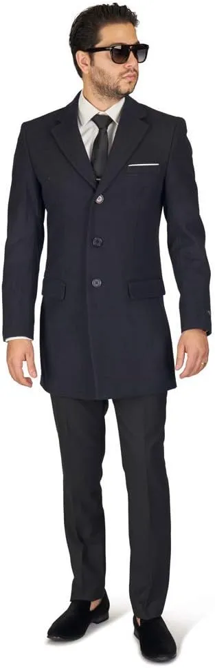 AZAR MAN Slim Fit Modern Wool Overcoat 3 Button Notch Lapel Top Trench Coat