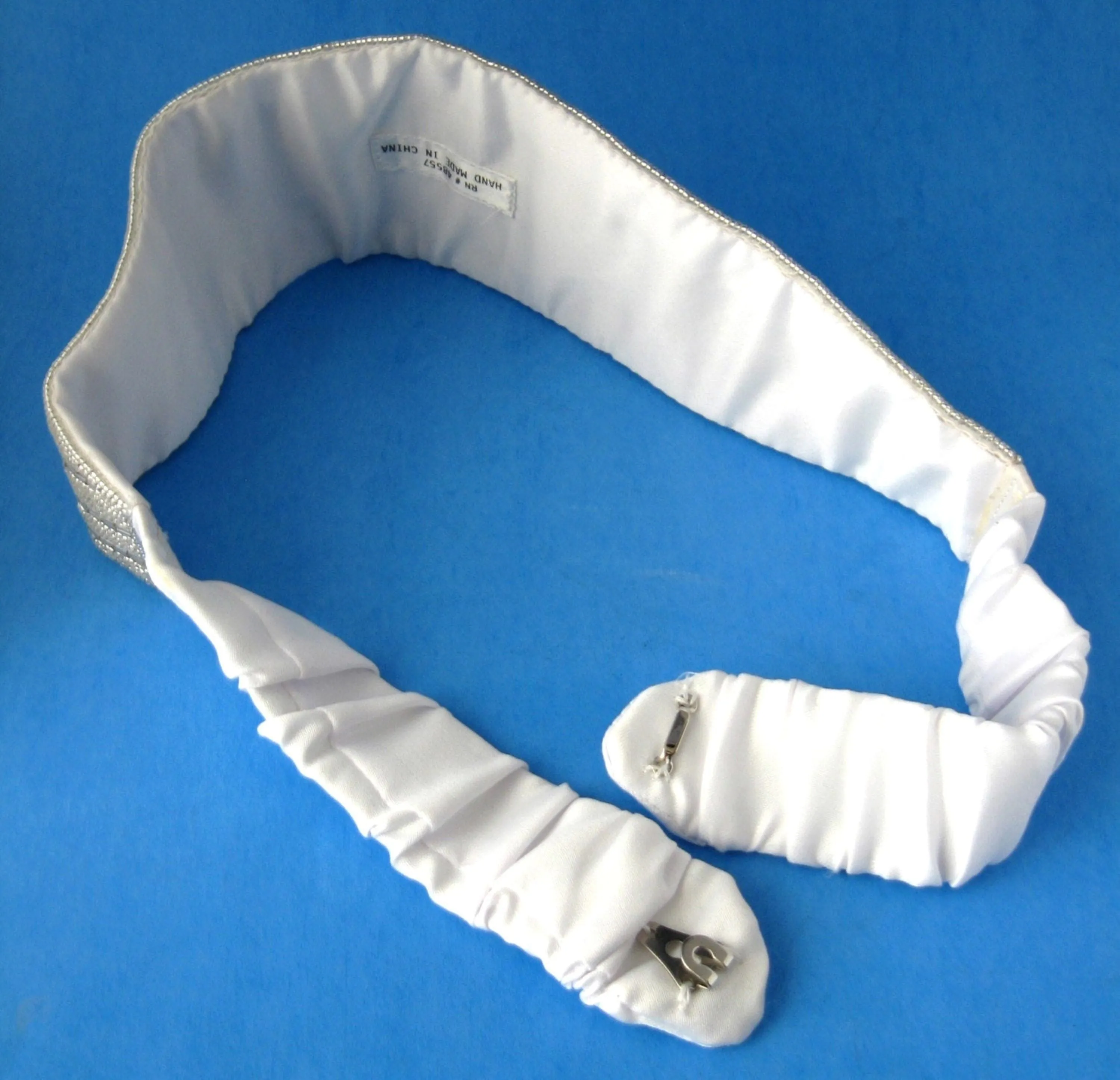 Belt White Satin Beaded Belt Vintage Sunrise Adjustable Silver Crystal Beads 1970s