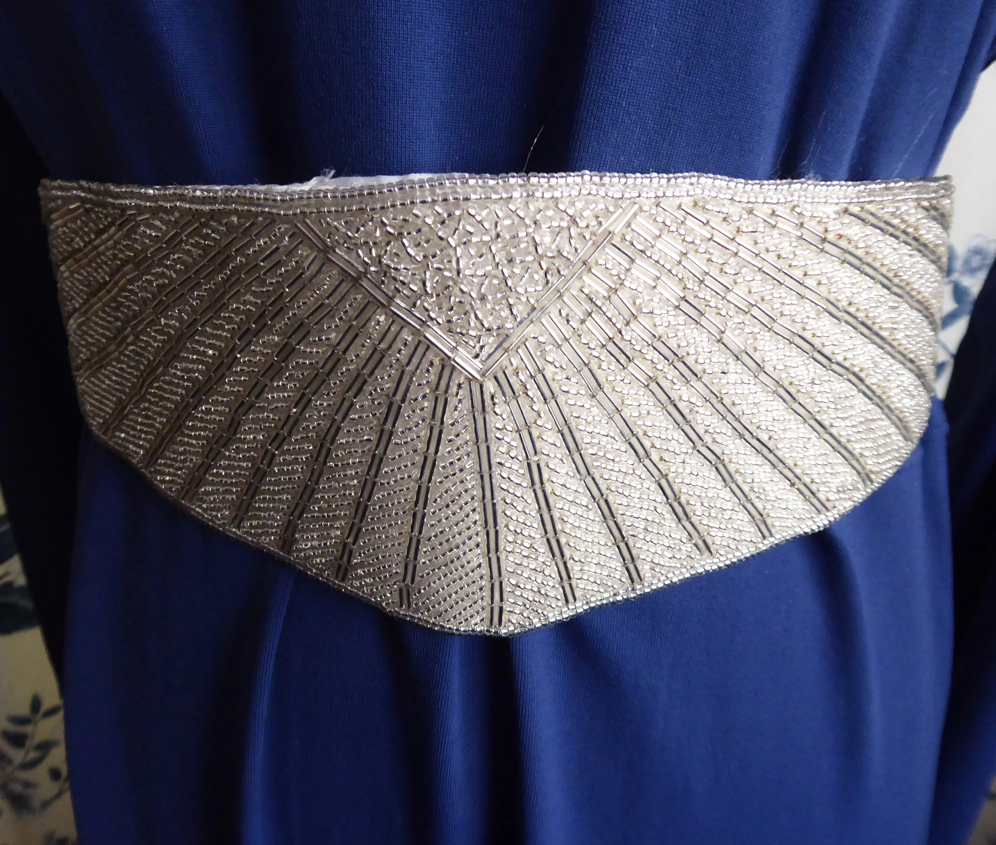 Belt White Satin Beaded Belt Vintage Sunrise Adjustable Silver Crystal Beads 1970s
