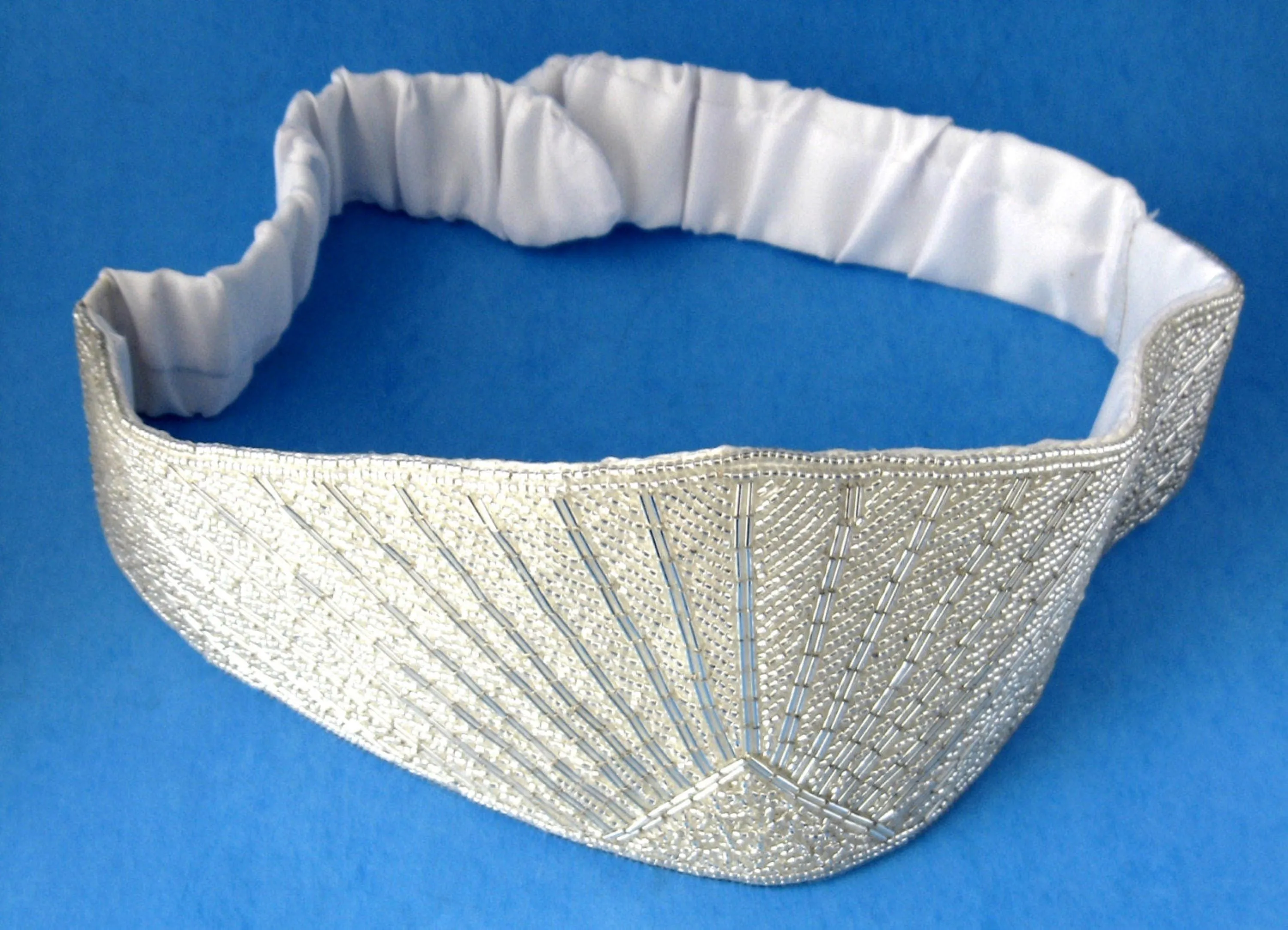 Belt White Satin Beaded Belt Vintage Sunrise Adjustable Silver Crystal Beads 1970s