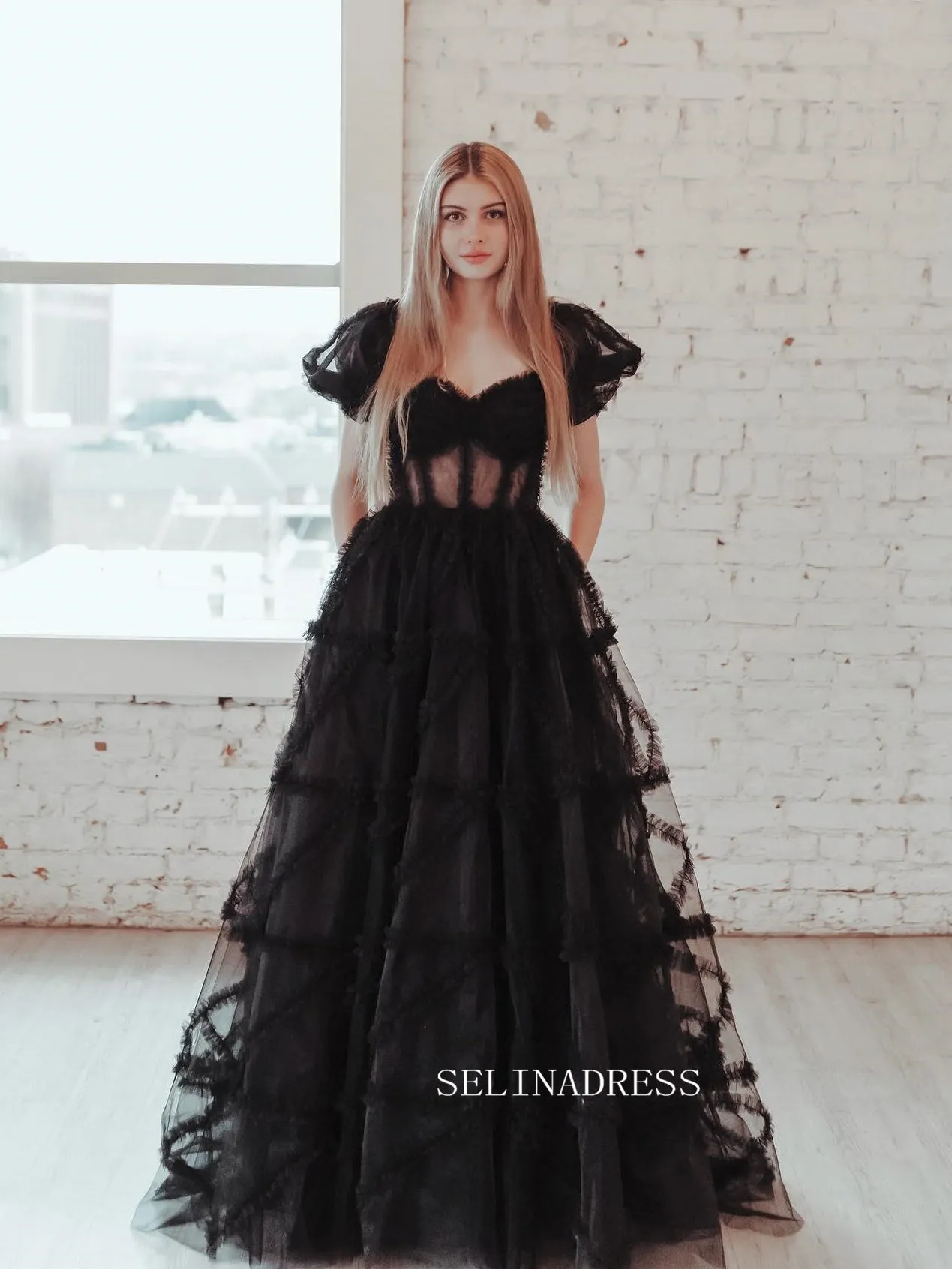 Black Off-the-shoulder Ruffles Long Prom Dress Evening Dress sew1045
