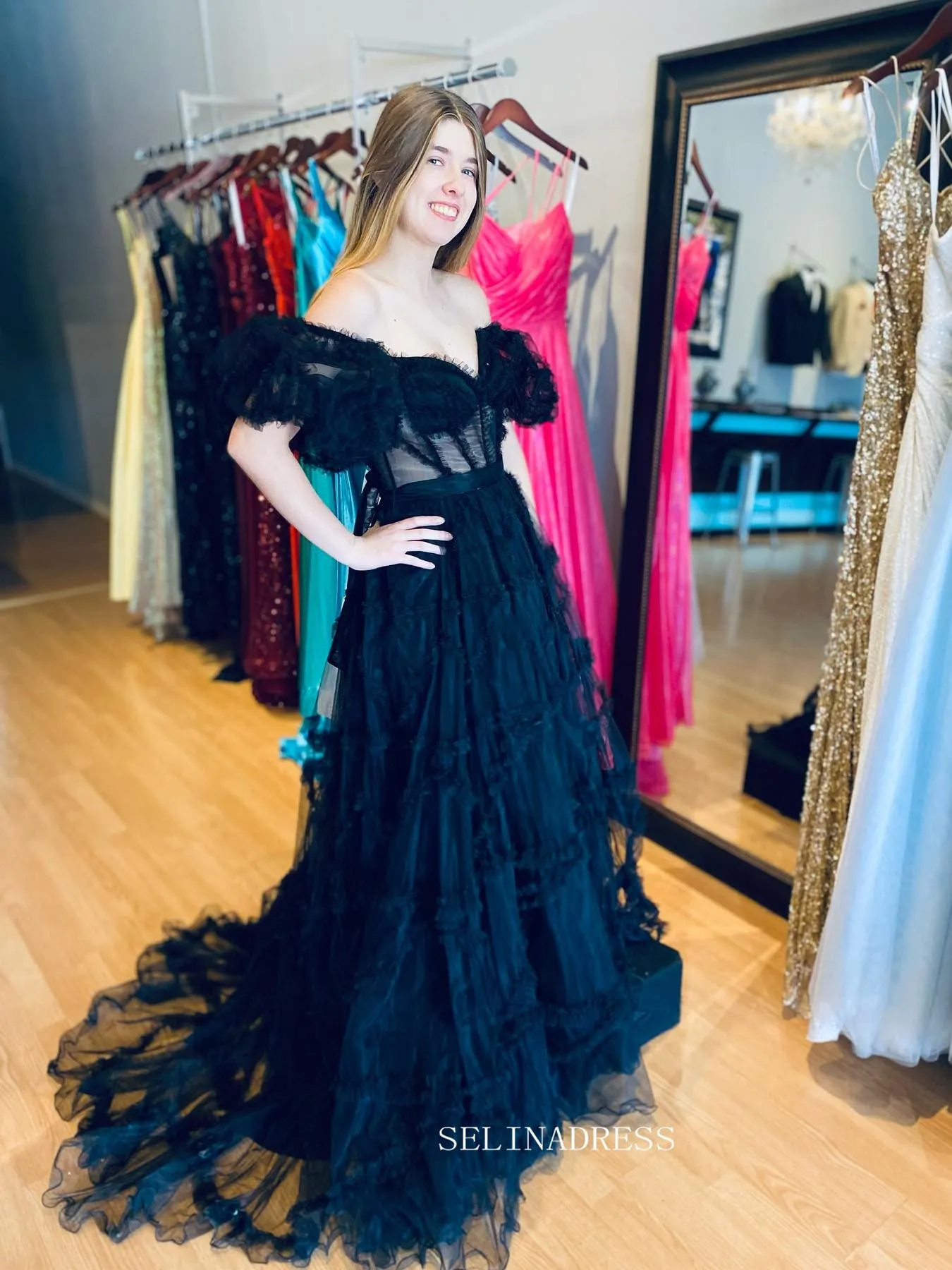 Black Off-the-shoulder Ruffles Long Prom Dress Evening Dress sew1045