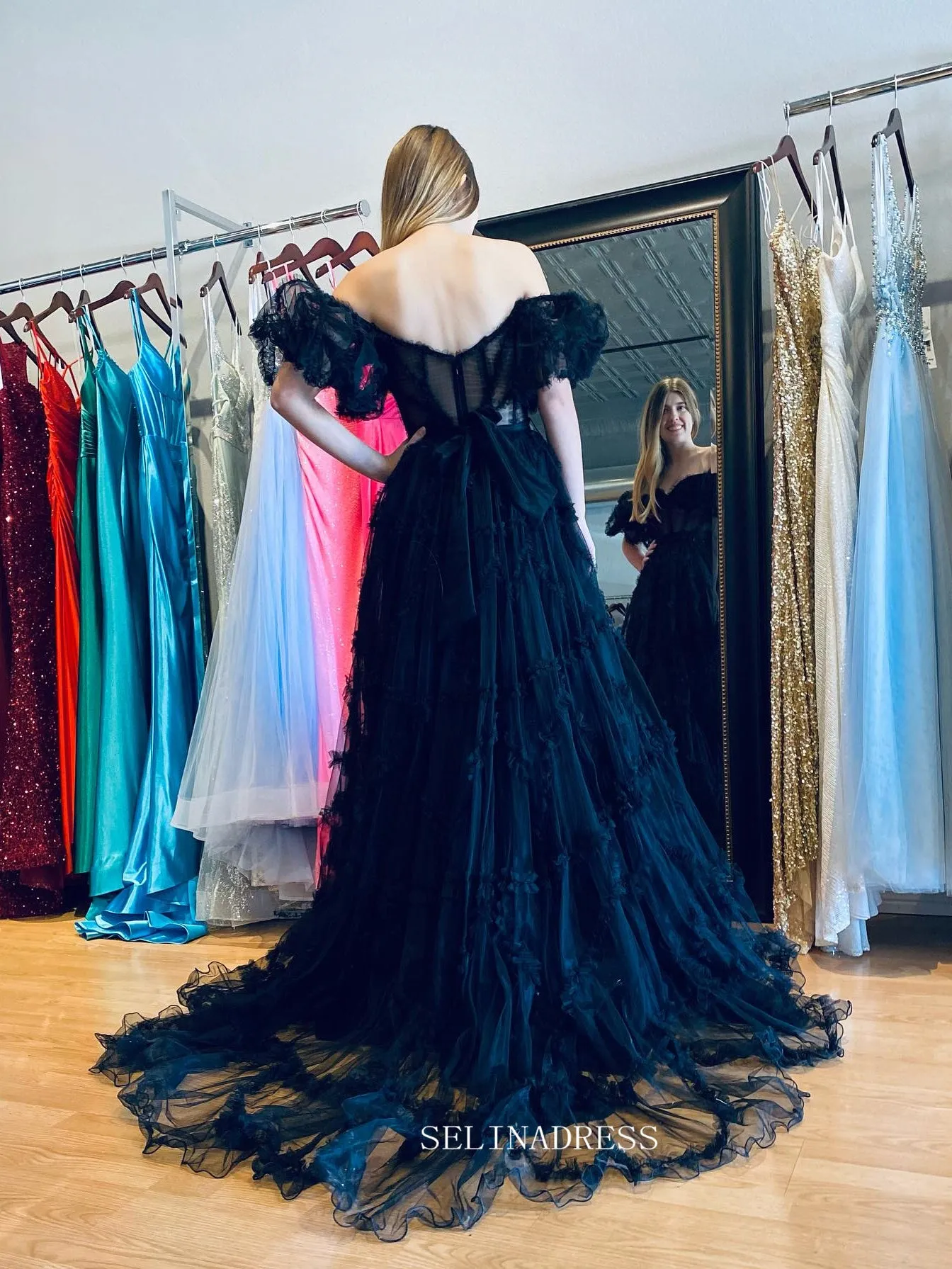 Black Off-the-shoulder Ruffles Long Prom Dress Evening Dress sew1045