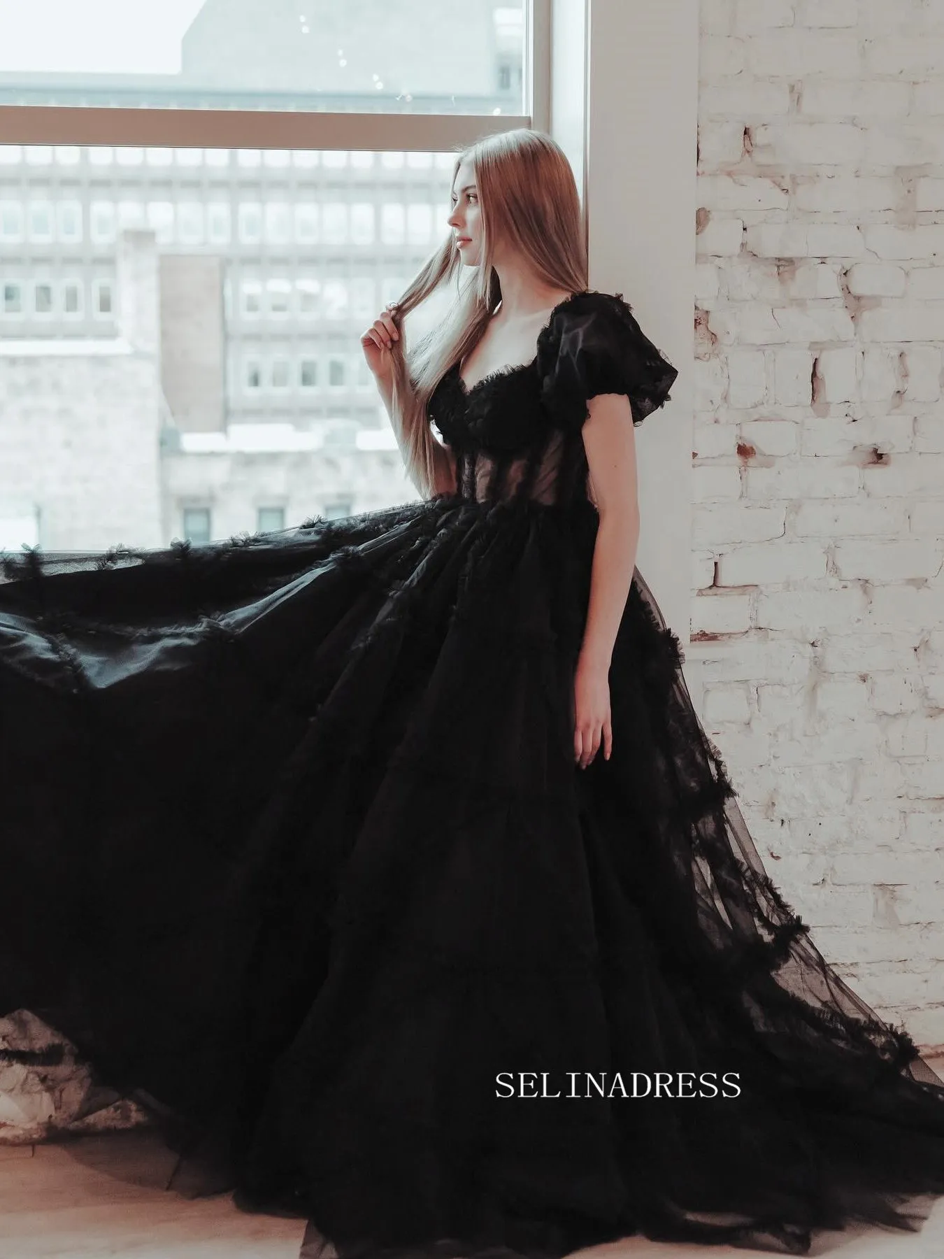 Black Off-the-shoulder Ruffles Long Prom Dress Evening Dress sew1045