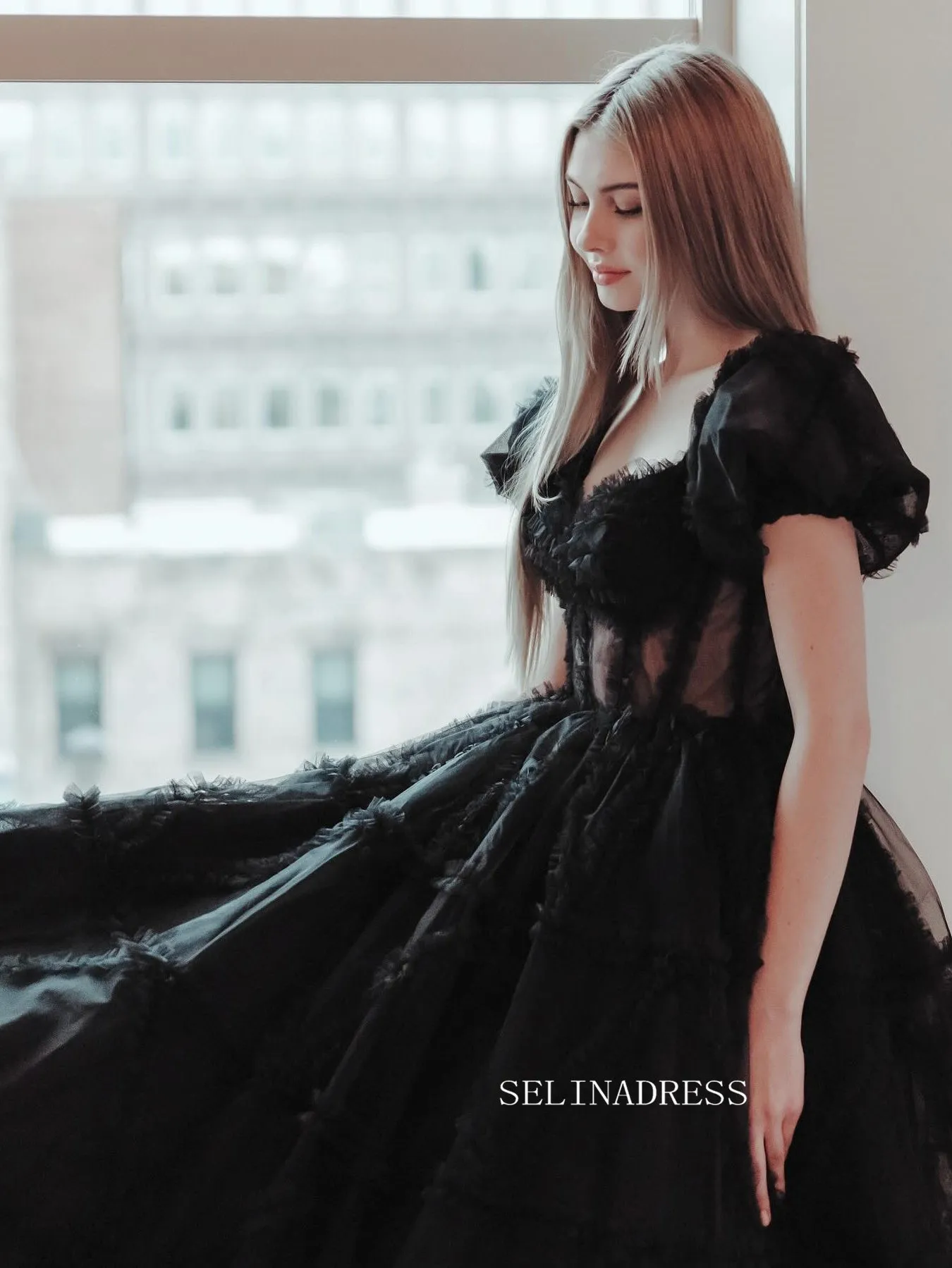 Black Off-the-shoulder Ruffles Long Prom Dress Evening Dress sew1045