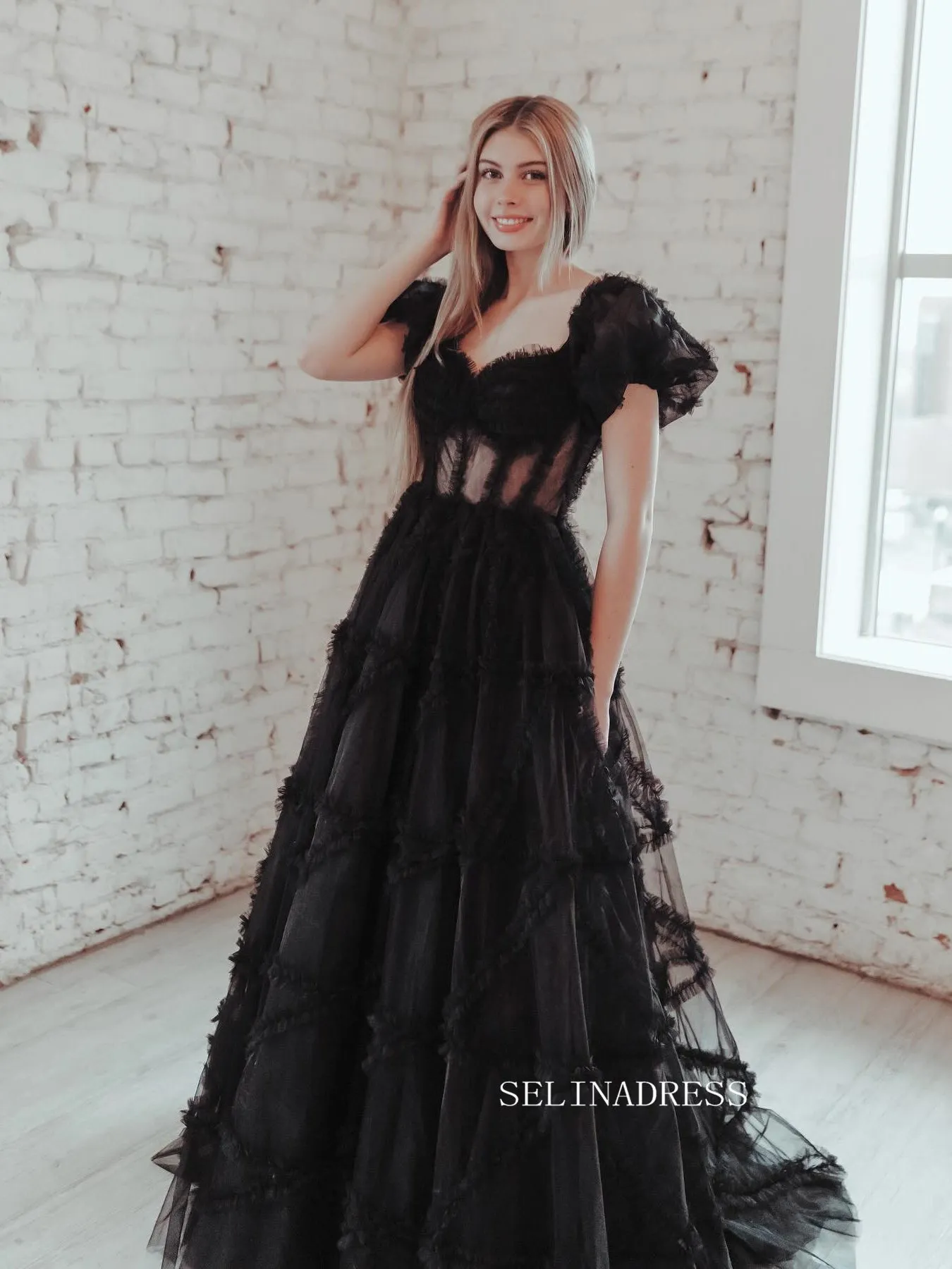 Black Off-the-shoulder Ruffles Long Prom Dress Evening Dress sew1045