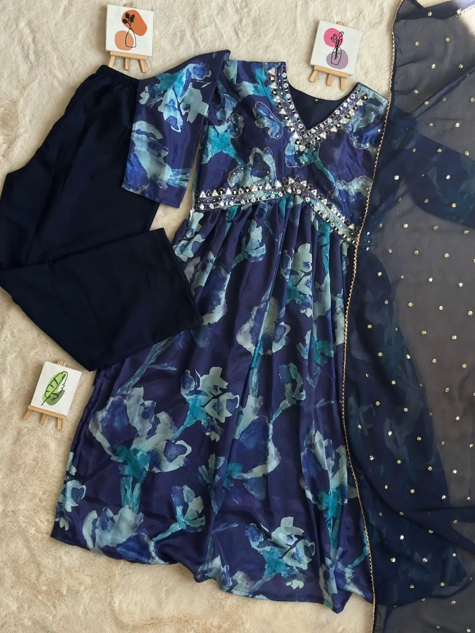 Blue Alia Side Cut-3 Pic Suit Set Elegance with a Modern Twist