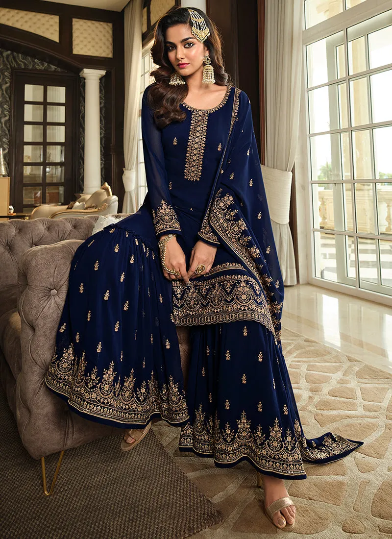 Blue Sequence Embroidery Festive Gharara Style Suit