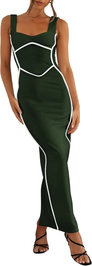 BTFBM Women Maxi Bodycon Dresses Square Neck Sleeveless Contrast Binding Split Cocktail Party Club Tank Long Dress 2025