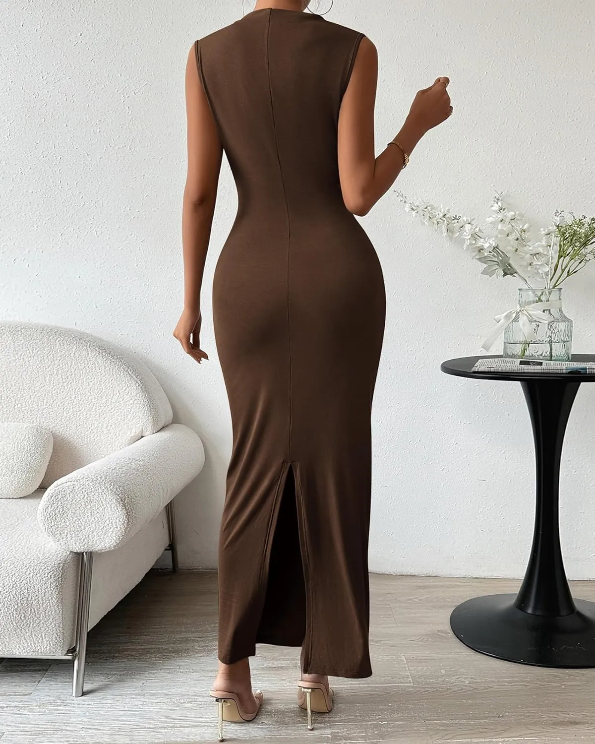 BTFBM Women's Ruched Bodycon Dress Summer Casual Sleeveless Back Slit Elegant Club Evening Party Cocktail Maxi Dresses