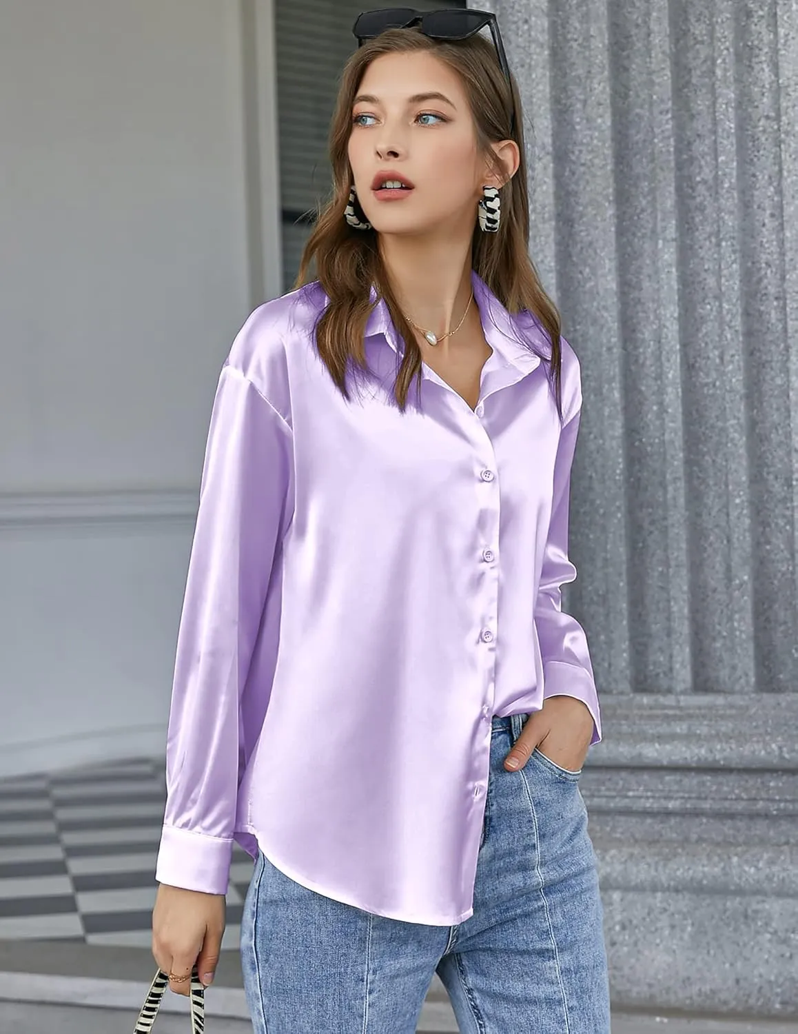 Chigant Women's Blouse Satin Silk Shirts Button Down Shirts Casual Loose Long Sleeve Office Work Tunic Tops