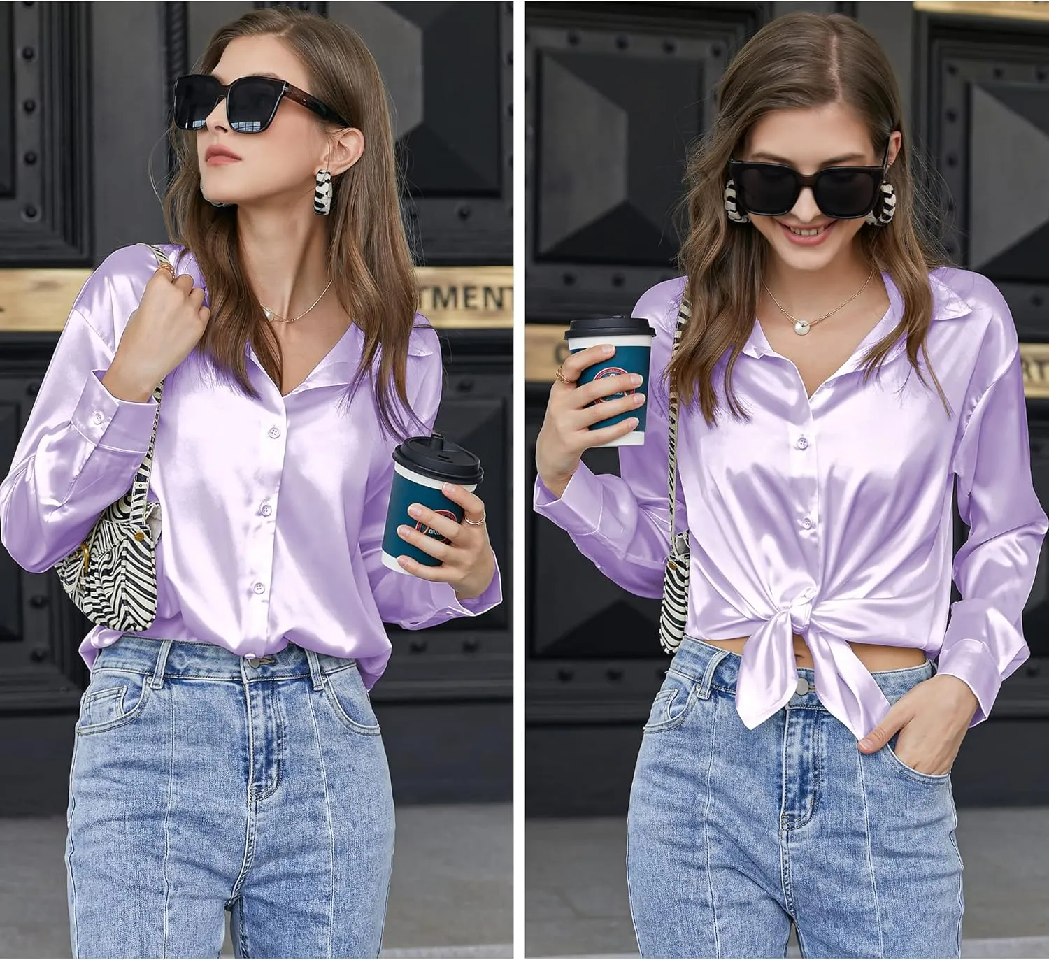 Chigant Women's Blouse Satin Silk Shirts Button Down Shirts Casual Loose Long Sleeve Office Work Tunic Tops