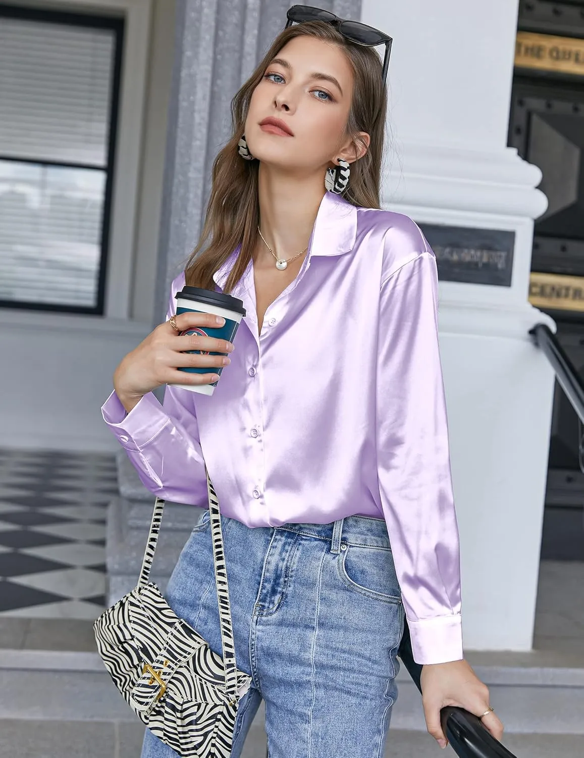 Chigant Women's Blouse Satin Silk Shirts Button Down Shirts Casual Loose Long Sleeve Office Work Tunic Tops