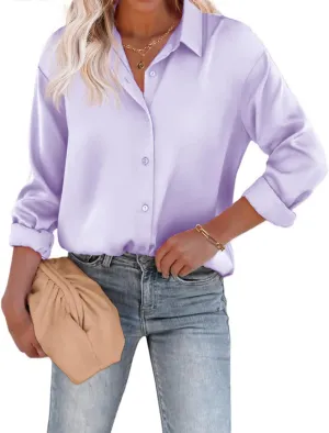 Chigant Women's Blouse Satin Silk Shirts Button Down Shirts Casual Loose Long Sleeve Office Work Tunic Tops