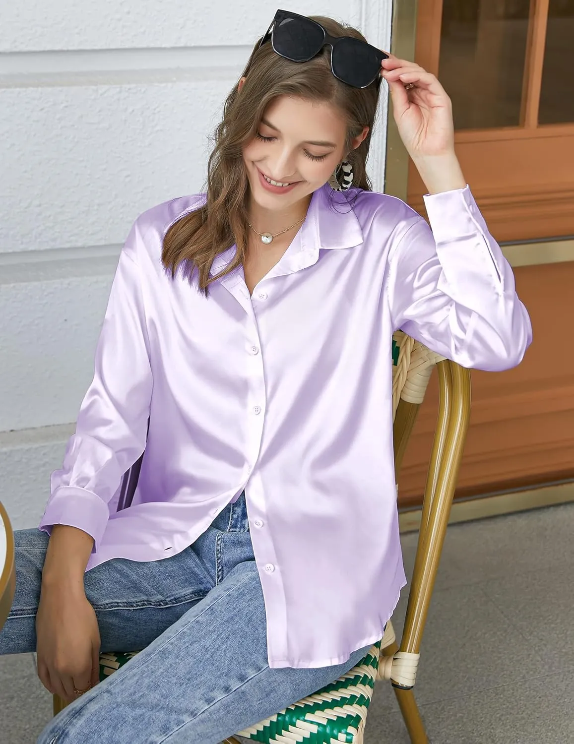 Chigant Women's Blouse Satin Silk Shirts Button Down Shirts Casual Loose Long Sleeve Office Work Tunic Tops