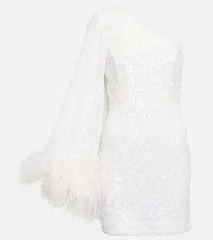 Davina Rebecca Vallance Feather Trim Mini Dress, White