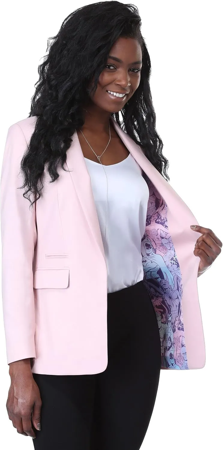 DC Comics Adult Pink Modern Print Boyfriend Blazer for Women, Wonder Woman Suit Blazer Officially Licensed from DC