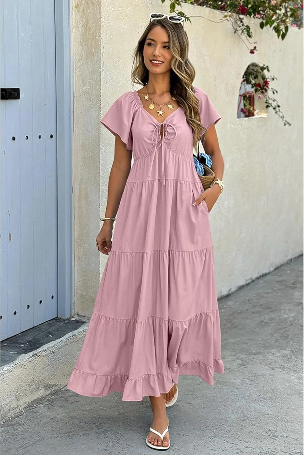 ECOWISH Womens Summer Maxi Dress 2025 Flutter Short Sleeve V Neck Tie Front Wedding Guest Vacation Tiered Flowy Dresses
