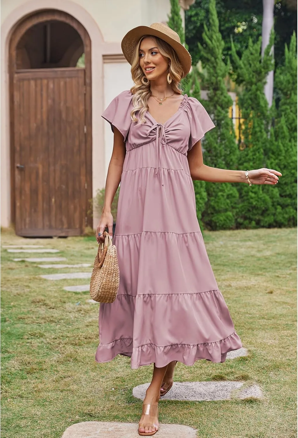 ECOWISH Womens Summer Maxi Dress 2025 Flutter Short Sleeve V Neck Tie Front Wedding Guest Vacation Tiered Flowy Dresses