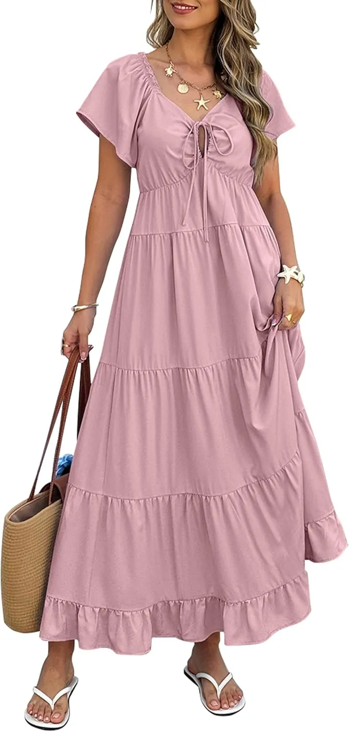 ECOWISH Womens Summer Maxi Dress 2025 Flutter Short Sleeve V Neck Tie Front Wedding Guest Vacation Tiered Flowy Dresses